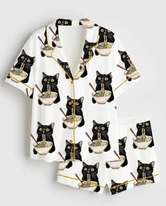 Women's Noodle Cat Short Sleeve Satin Pajama Set, Sleepwear, Cute Funny Noodle - Picture 1 of 5