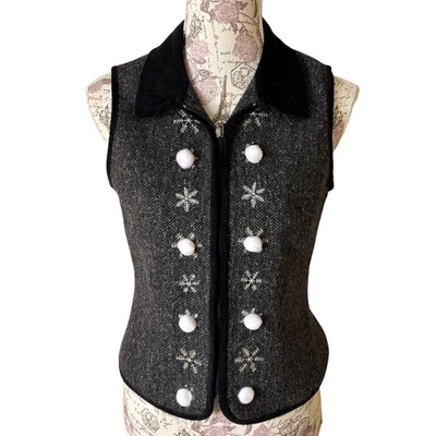 Chaleco de espiga vintage de vacaciones copo de nieve pompón cuello de terciopelo cremallera SP Foto 1 de 4