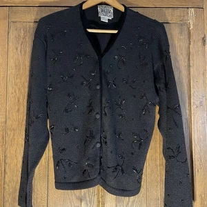 Curio Women XL Black Beaded Cardigan Velvet Trim V Neck Cotton/rayon Blend - Picture 1 of 11