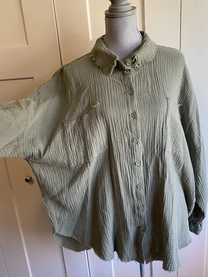 Camisa Zenana 1X Algodón Gasa Nueva Etiqueta Abotonada Langenlook Verde sku53A Foto 1 de 4