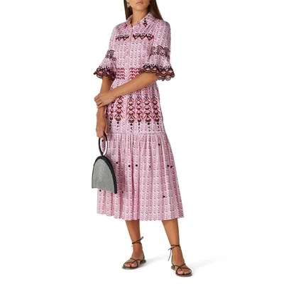 Temperley London Poet Shirt Dress Pink Flared Tiered Embroidered Sz 2 US - Image 1 of 4