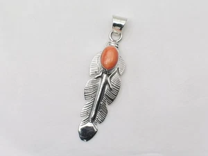 Navajo Sterling Silver and Orange Spiny Oyster Handmade Feather Pendant - Picture 1 of 7