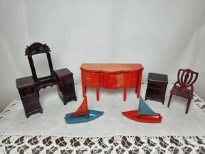 6 Pc Vintage IDEAL Dollhouse Furniture Vanity Chair Buffet Nightstand Sailboats - Picture 1 of 10