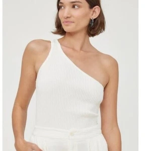 LACAUSA Lia Tank White Asymmetrical Ribbed One Shoulder Tank Top Size Medium - Picture 1 of 8