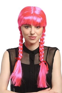 Parrucca donna carnevale cosplay carnevale trecce intrecciate scolaretta rosa rosa rosa - Foto 1 di 4