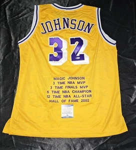 LA LAKERS MAGIC JOHNSON AUTOGRAPHED YELLOW STITCHED JERSEY BECKETT COA W/STATS - Picture 1 of 3