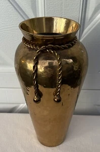 Vintage 12” Hammered Brass Vase & Braided Rope Tassel Accents - Picture 1 of 9