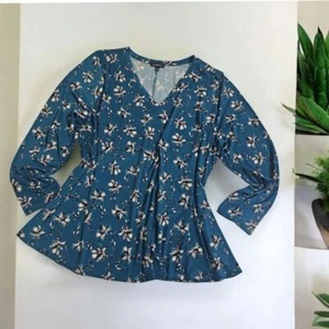 Lane Bryant Floral V-Neck Peplum Blouse Blue White Long Sleeve Plus Size 22/24 - Picture 1 of 6