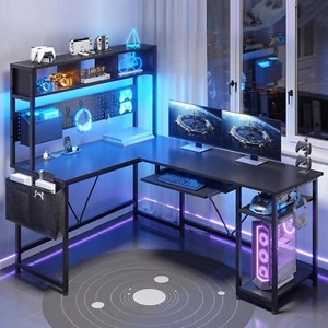 L Shaped Computer Desk with Power Outlet, LED Lights and Storage Shelves (Black) - Picture 1 of 7