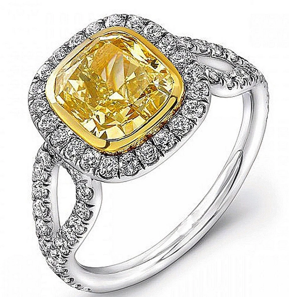 Elegante anillo de compromiso amarillo GIA 3,30 quilates corte cojín halo diamantes en oro de 18 k Foto 1 de 1