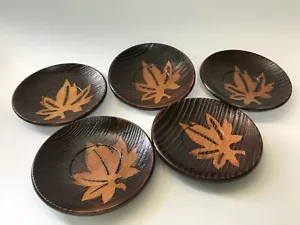 Set of 5 Japanese Plate Wood Leaves Design Round Set Saucer Drink Coaster - Picture 1 of 4