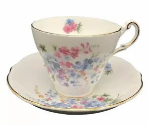 Regency Porcelain Cup Saucer Set Spring Pink Blue Flowers Gold Trim England - Picture 1 of 7