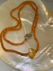 Sterling Silver Natural Spessartite Garnet Bead Necklace w/ Citrine Center Bead - Picture 1 of 8