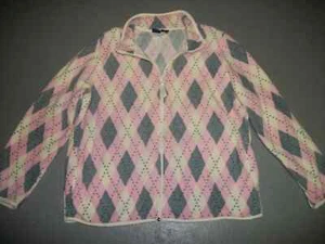 BASIC EDITIONS GRAY & PINK ARGYLE DESIGN FLEECE JACKET WOMEN'S SZ LARGE 12 14 - Picture 1 of 3