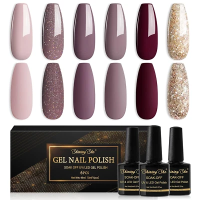 Shining She UV Nagellack Braun 6 Farben Glitzer Matt Dunkelrot Graubraun SoakOff - Bild 1 von 4