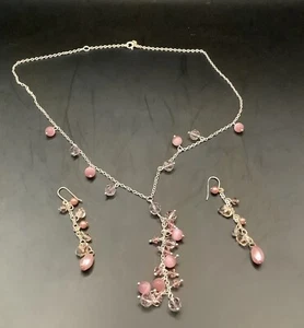 925 Sterlingsilber 18 Zoll Halskette & Ohrhänger, rosa Kristalle sehr guter Zustand atemberaubend - Bild 1 von 5