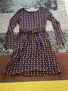 Abito midi Boden Abigail marrone blu geometrico jersey elasticizzato taglia UK 10R US 6R - Foto 1 di 5