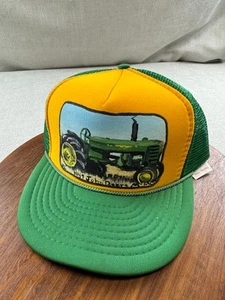 Vintage John Deere Hand Painted Custom Foam Snapback Trucker Hat Green Yellow - Picture 1 of 4