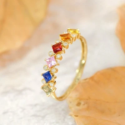 Anillos de oro real de 18 quilates con diamantes brillantes de zafiro azul natural arco iris para mujer regalo Foto 1 de 4
