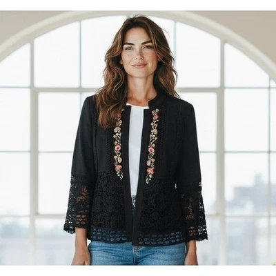 Chaqueta Chicos Mujer 1 Mediana Negra Bordada Floral Cuentas Campana Boho Chic Foto 1 de 4