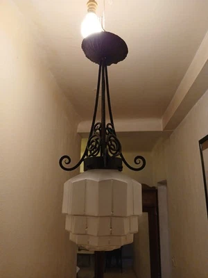 Suspension lustre fer forgé Art Déco « Skyscraper » en verre - Photo 1/4