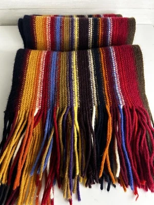 Hand Knit Scarf Made in Scotland Rainbow Stripes WOOL Scarf 8.5 x 70” - Image 1 of 2