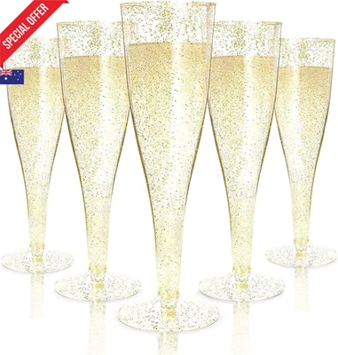 60x Gold Glitter Plastic Champagne Flutes 150ml Reusable Party Wine Glasses - image 1 of 4