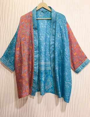 Jaqueta cardigã curta de seda pura quimono espanador capa roupão solto azul KMS3730 - Imagem 1 de 4