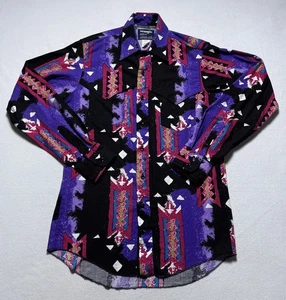 Vintage Wrangler Brushpopper Shirt Men's 15 34 Purple Aztec Cowboy Cut Long Tail - Picture 1 of 5