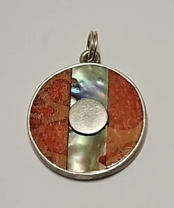 Sandy Baker Sterling 925 Koralle & Abalone Muschel runder Anhänger 0,75" - Bild 1 von 4