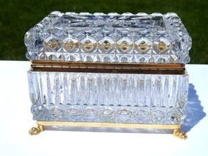 VINTAGE JEWELRY CASKET TRINKET BOX HAND CUT LEAD CRYSTAL BRASS HINDED CLAW FEET - Picture 1 of 14