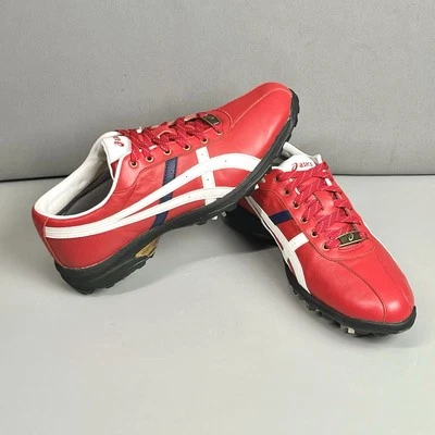 Rare ASICS Mens Golf Shoes Red White Navy Leather Sz 7 - 10HTEE05-2-I, SAMPLE - Image 1 of 4