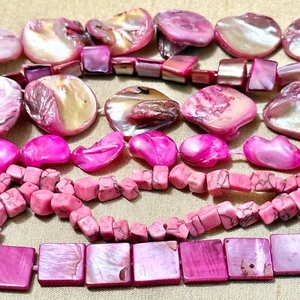 Bright Magenta Pink Dyed Shell & Stone Beads - 5 Strands, Most are 15" - Picture 1 of 10
