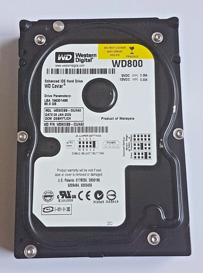 80 GB Ide Western Digital WD800BB-00JHA0 7200rpm 2MB HDD 3.5 " Internal Hard - Image 1 of 1