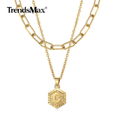 Gold Plated Stainless Steel Hex Letters A-Z Pendant Necklace Choker Rolo Chain - Image 1 of 4
