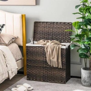 3-Section Clothes Hamper Rattan Laundry Basket w/Removable & Washable Li - Picture 1 of 12