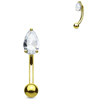 Eyebrow Rook Curve Gold IP w/Teardrop Clear 3mm Gem 16 Gauge 5/16" Barbell  - Image 1 of 4