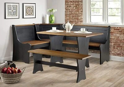 3 pc Black Wooden Top Breakfast Nook Dining Set Corner Booth Bench Kitchen Table - Image 1 of 4