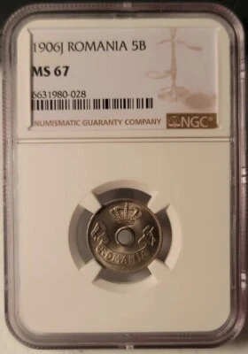 Romania 1906-J 5 Bani NGC MS 67 Hamburg Carol I Romanian Coin MS67 1906J - Image 1 of 4