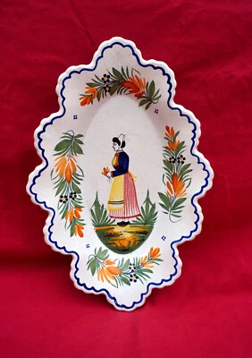 HENRIOT QUIMPER Little Bretonne Scalloped Oval Dish French Hand Painted Faience - Image 1 of 4