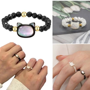 Moonstone Obsidian Rings Beads Minimalist Fidget Ring Cute Black White Cat Ring - Picture 1 of 13