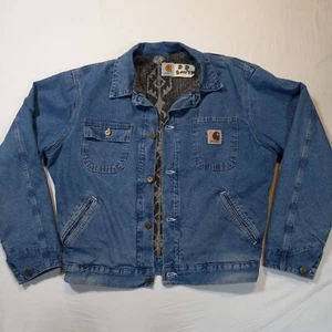 Men L CARHARTT JP1088 Aztec Fleece Lined Denim Chore Jean Jacket Vtg 80s 90s USA - Picture 1 of 16