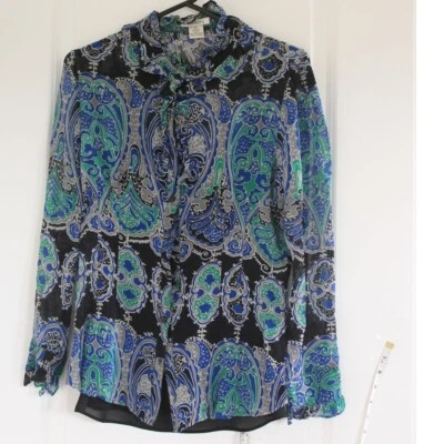 Blusa de Seda Harold’s Paisley Estampado Abstracto Volantes Abotonados Oficina Preppy M Foto 1 de 4