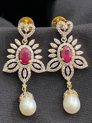 Pave 7.39 Cts Round Brilliant Diamonds Ruby Pearl Dangle Earrings In 14K Gold - Image 1 of 4