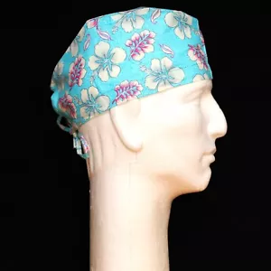 Hawaiian Flowers on Aqua Theme Scrub Hat - Picture 1 of 1