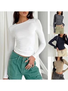 Women Casual Long Sleeve T-Shirts Spring Autumn Solid Slim Fit Pullovers Tees Sh - Picture 1 of 6