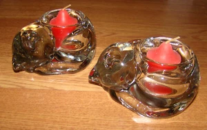 Pair (2x) Vintage Indiana Glass SLEEPING CAT (Kitten) Votives, Candle Holders - Picture 1 of 8