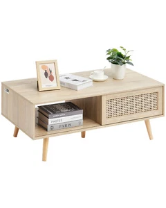 Rattan Coffee Table Rectangle Natural Wood Tea Table Two Storage Drawers Modern - Picture 1 of 12