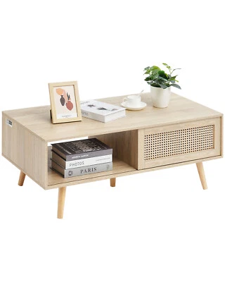 Rattan Coffee Table Rectangle Natural Wood Tea Table Two Storage Drawers Modern - Image 1 of 4