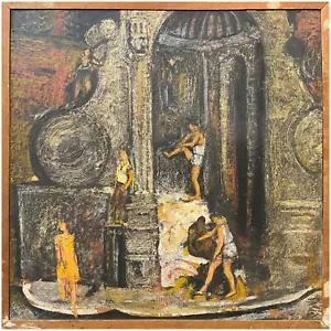 Impressionistisches Ölgemälde einer jungen Menschenmenge am Trastevere-Brunnen, Italien 1957 - Bild 1 von 11